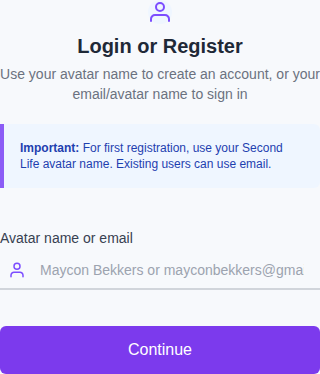 Central CaveTech login: begin with the avatar name or email field