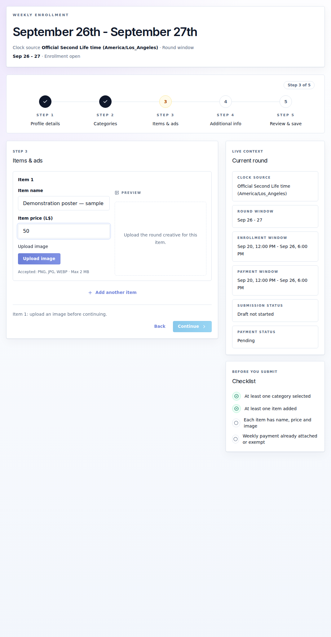 Product name, price and upload fields
