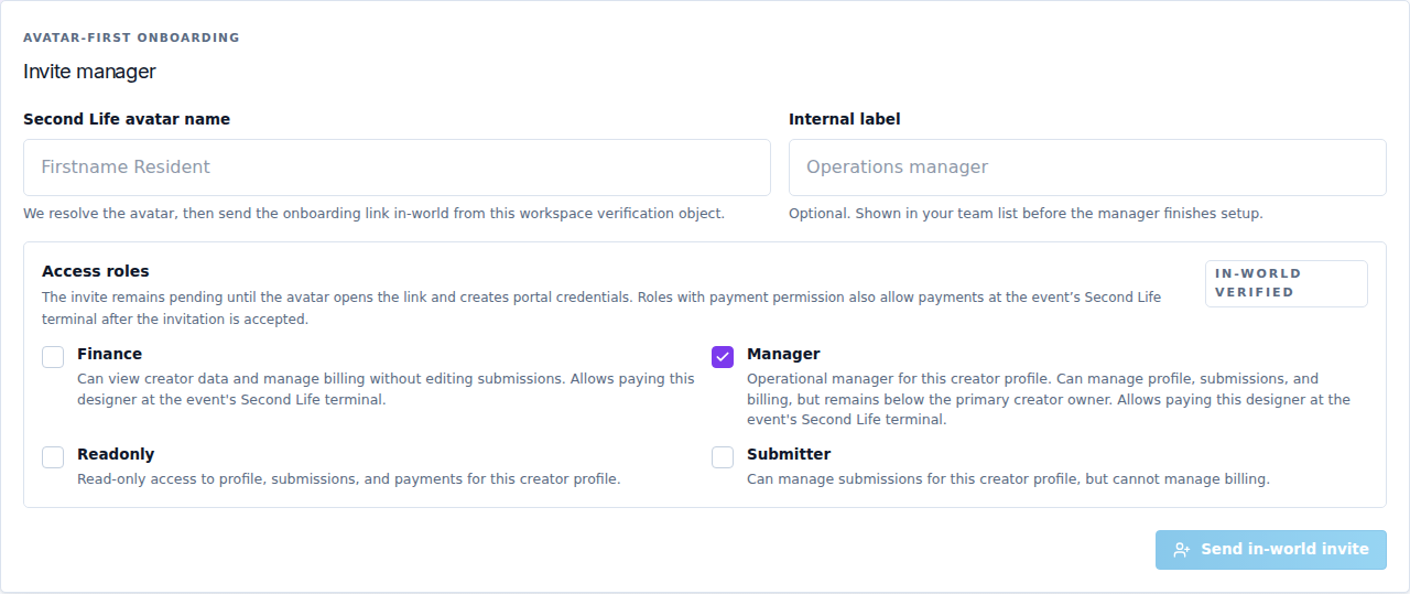 Invite a creator manager and choose access roles