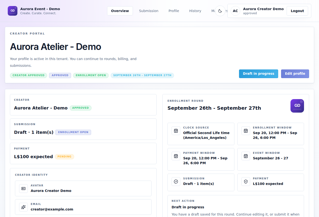 Creator overview identifies the store, round and next action