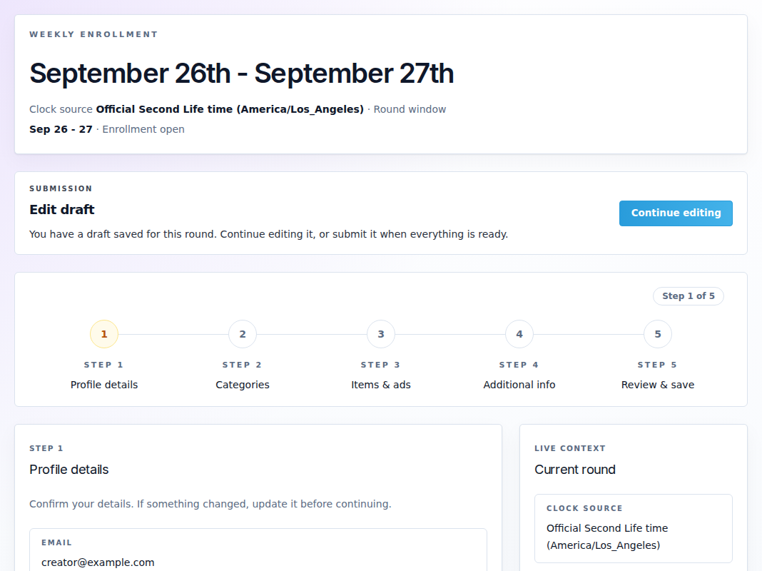 Submission draft, Continue editing action and five-step navigation