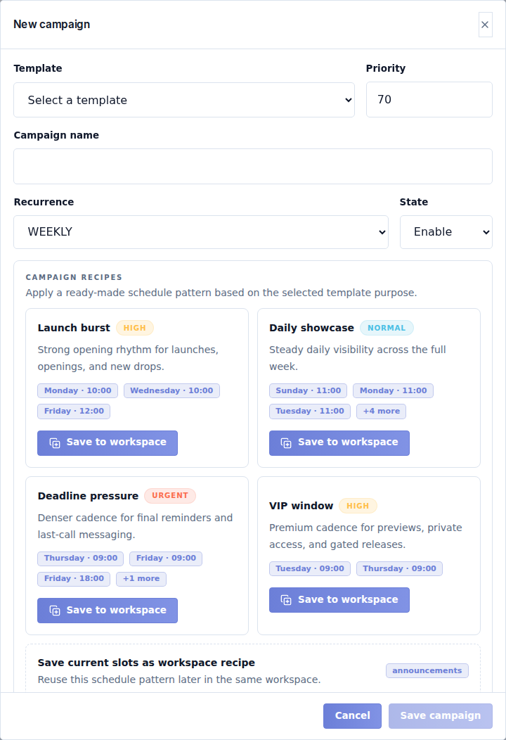 Discord campaign fields and weekly schedule slots