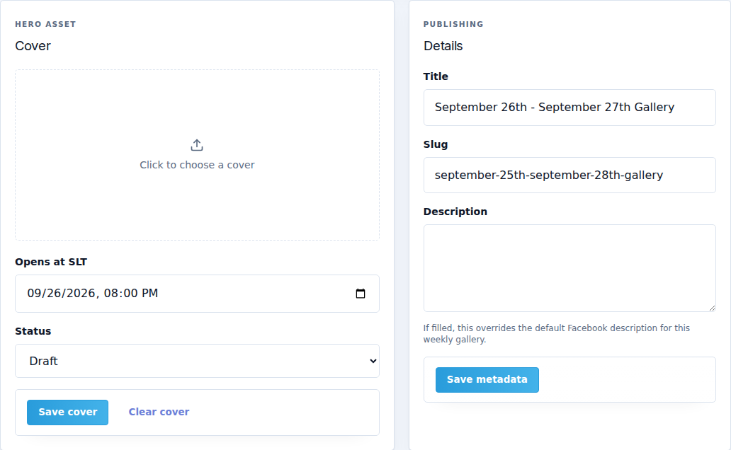 Gallery editor: cover timing, publication state and metadata