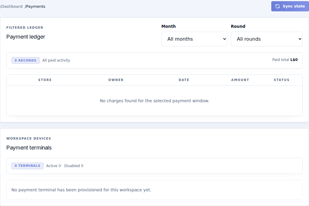 Payment ledger filters and the separate registered-terminal section