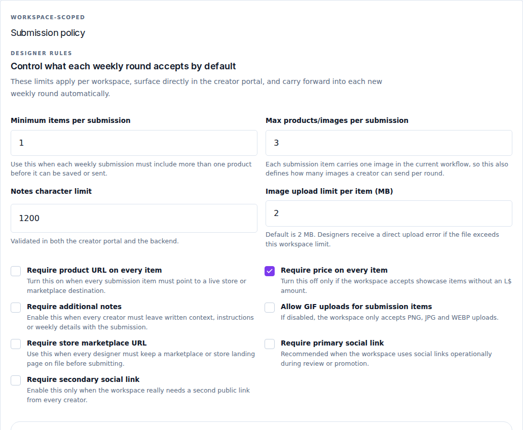 Product limits and required fields for weekly submissions