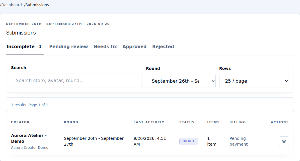 Incomplete queue with round, content status and billing