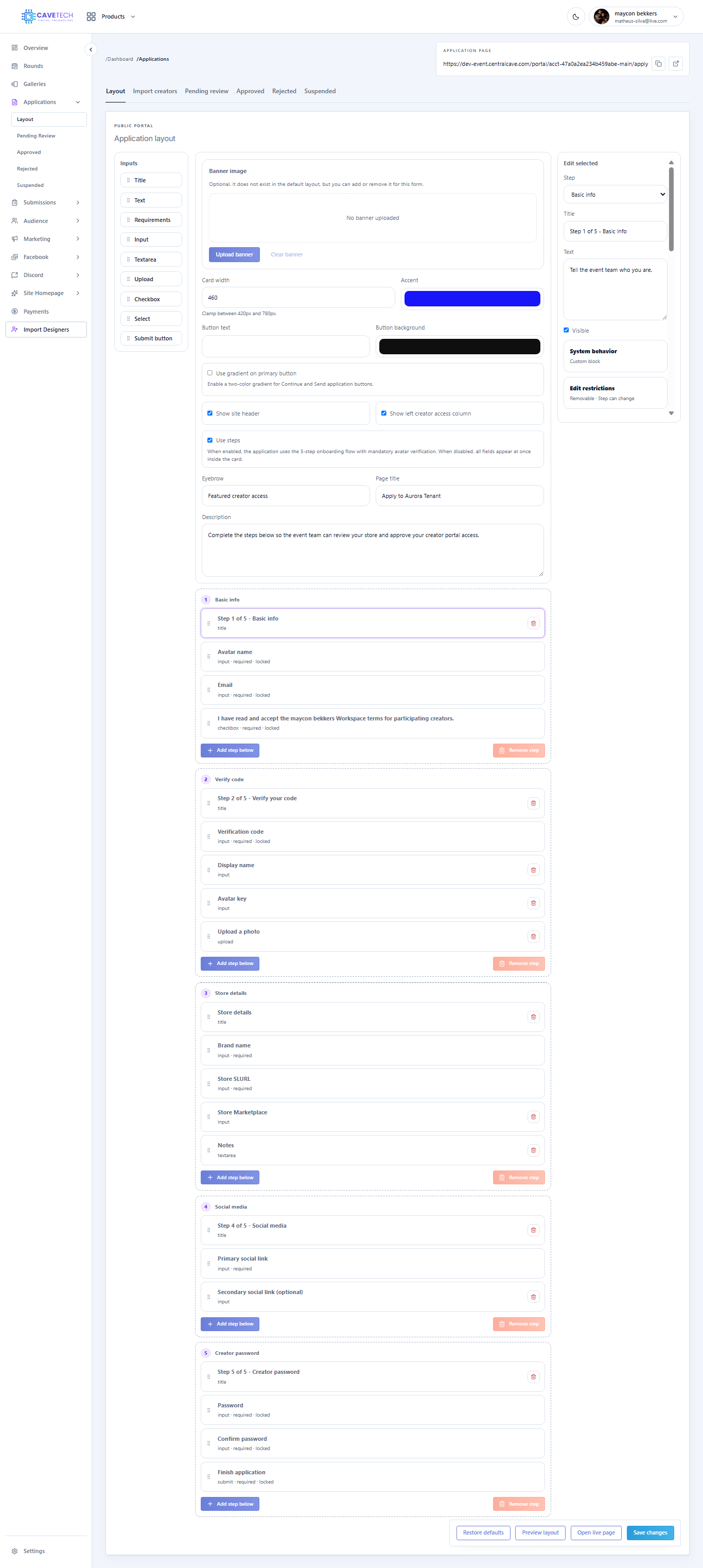 EventSale application layout