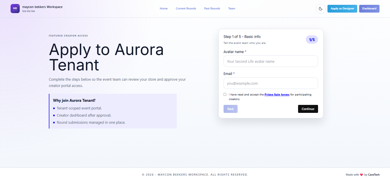 EventSale creator application page in the public event portal