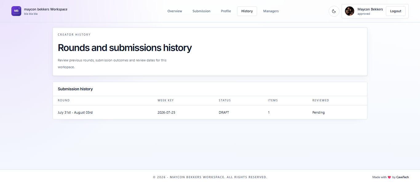 EventSale creator history showing previous rounds, submission status, and review information