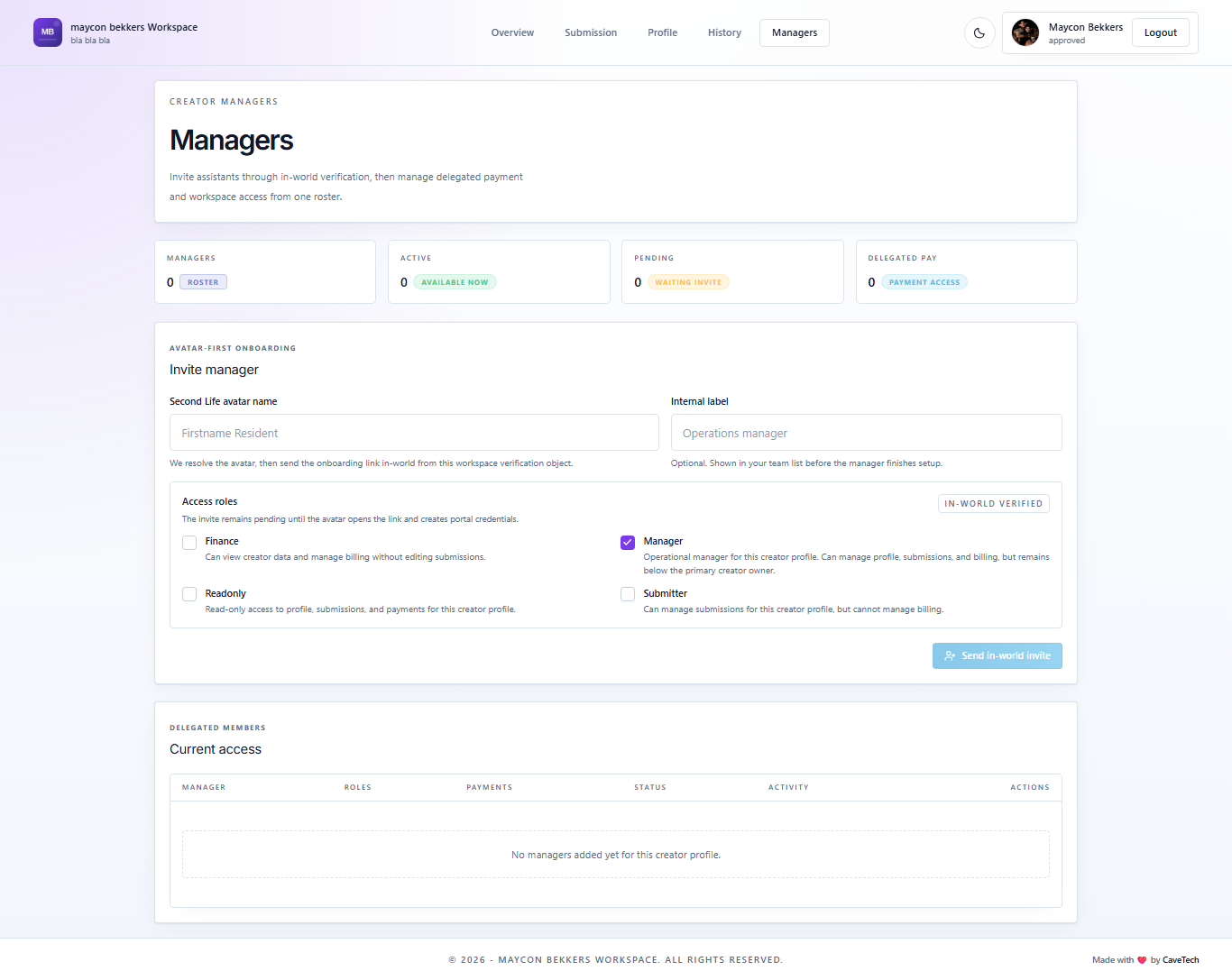 EventSale creator managers area with delegated roles and in-world onboarding