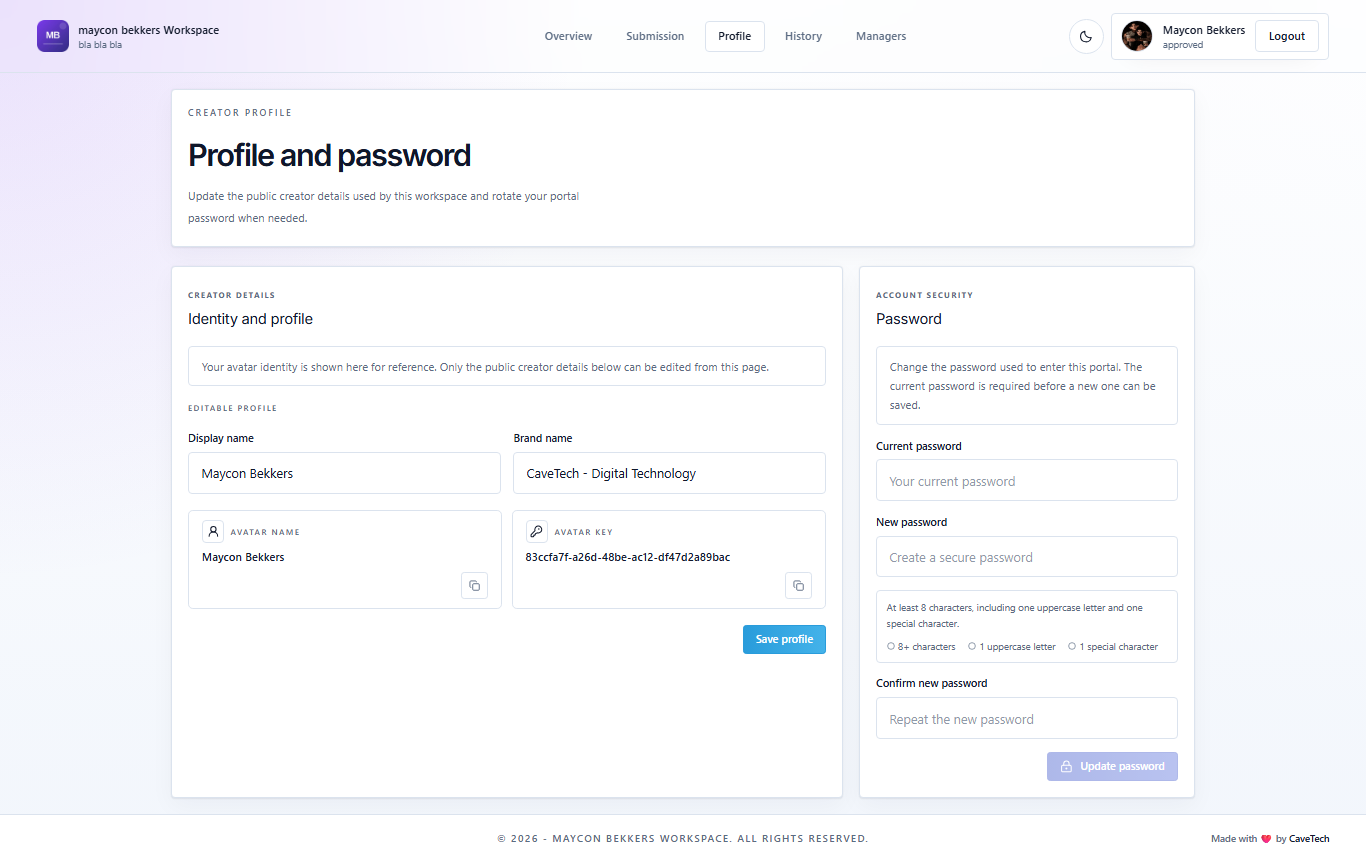 EventSale creator profile with editable public details and password management