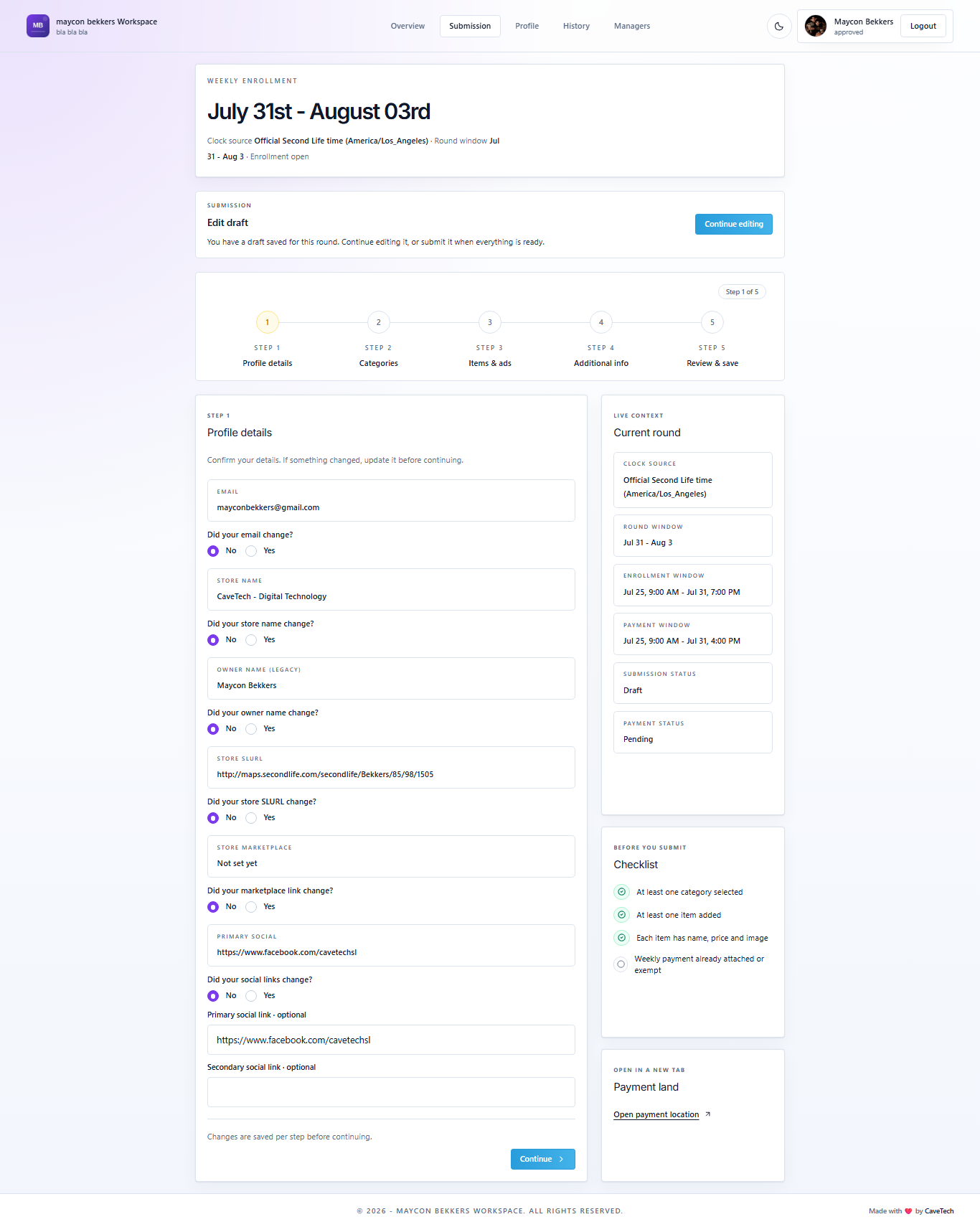 EventSale creator submission wizard with the five round-entry steps and live round context