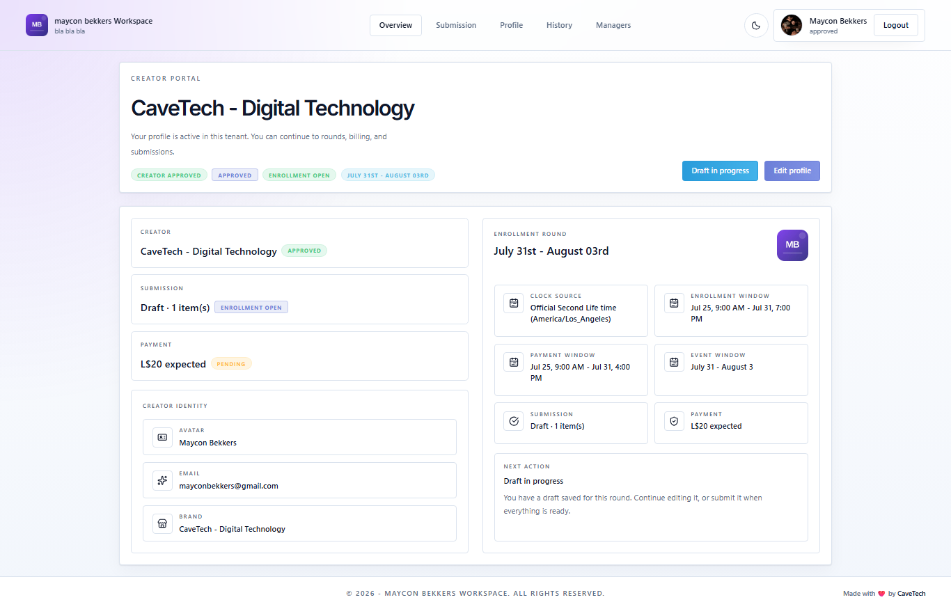 EventSale creator dashboard with the active round, submission status, payment status, and next action
