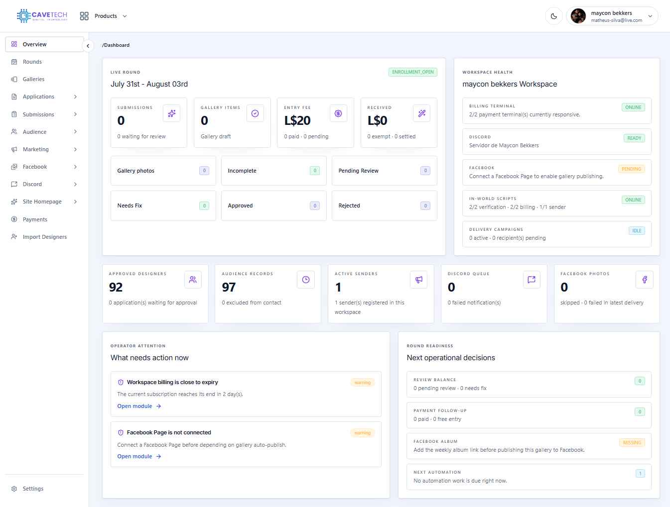 EventSale dashboard after the first successful access