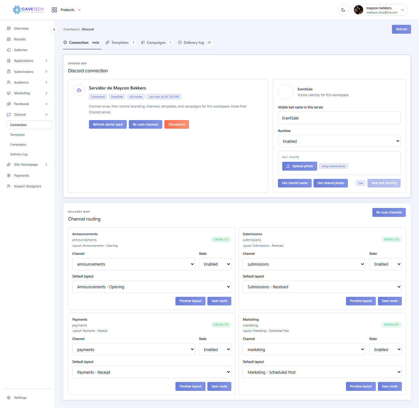 EventSale Discord connection and channel routing
