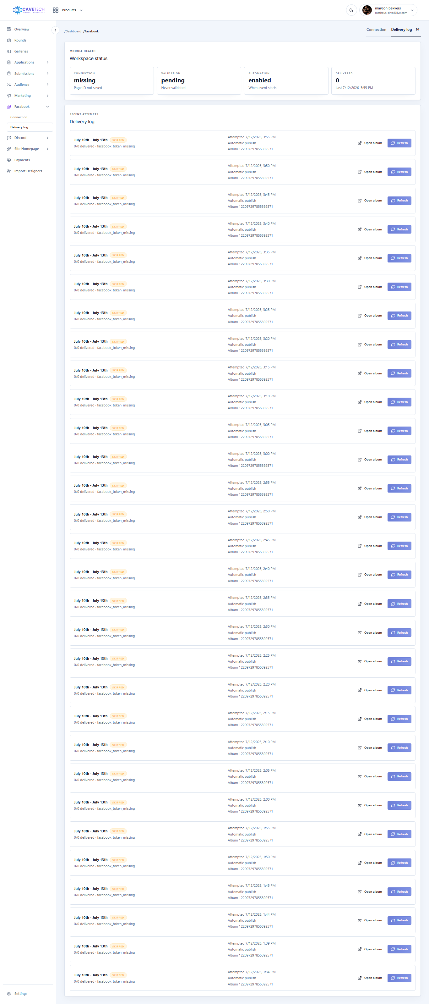 EventSale Facebook delivery history