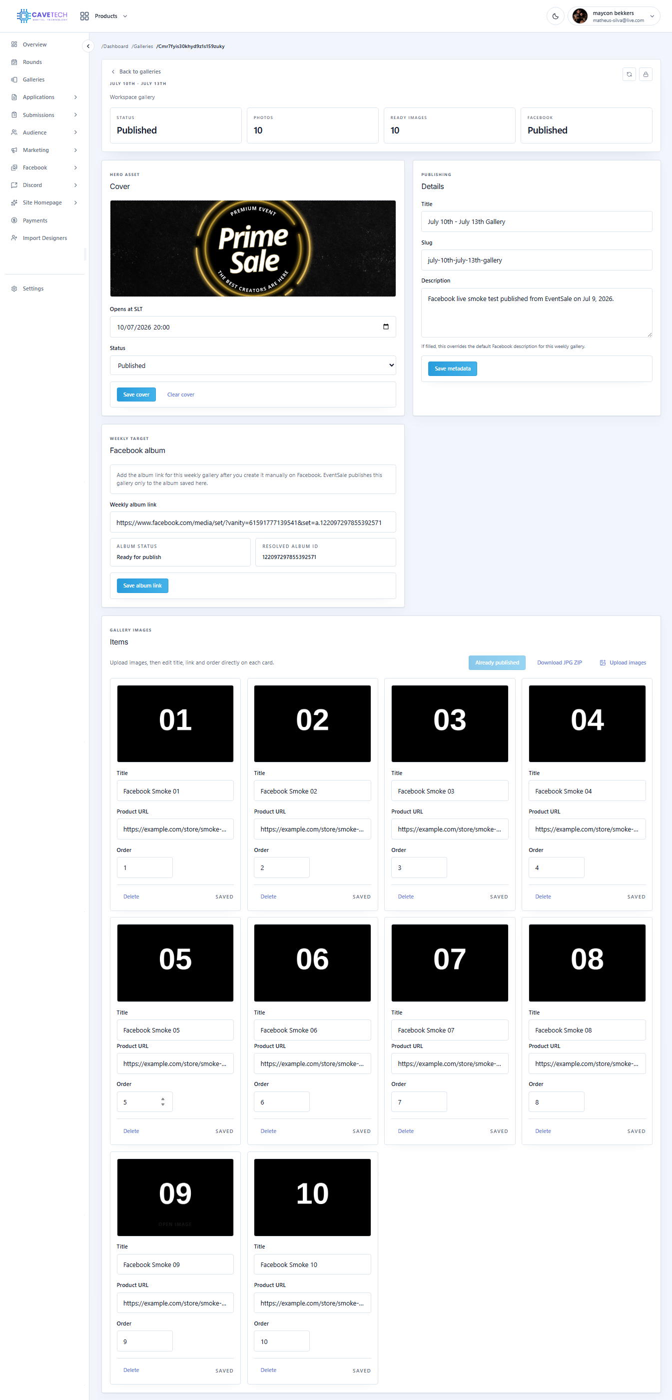 EventSale gallery information and publishing state