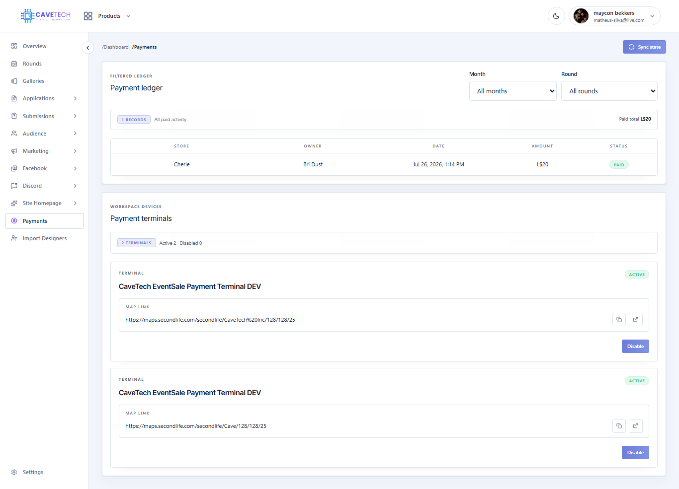 EventSale payment ledger and terminals