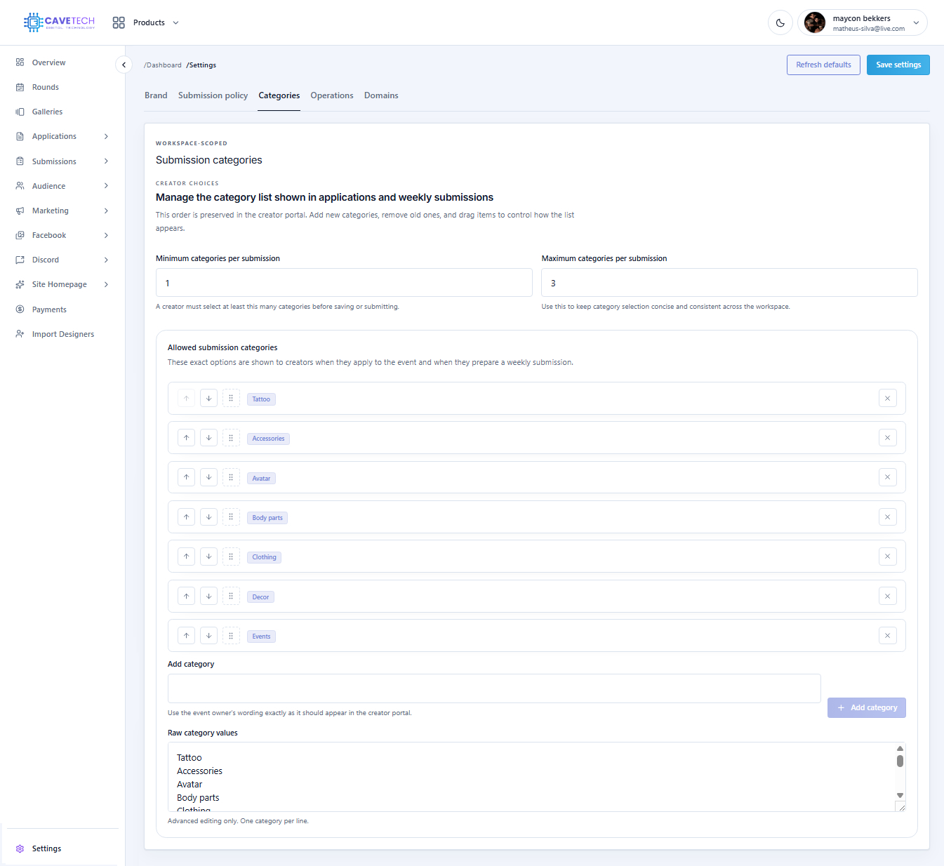 EventSale Categories settings