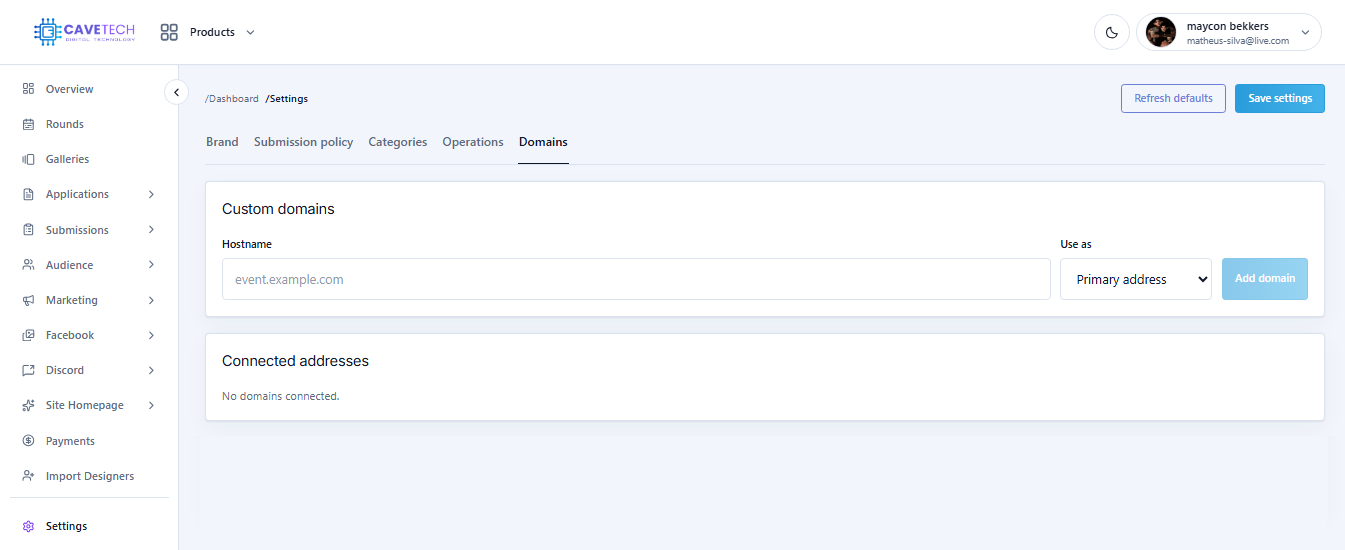 EventSale custom Domains settings