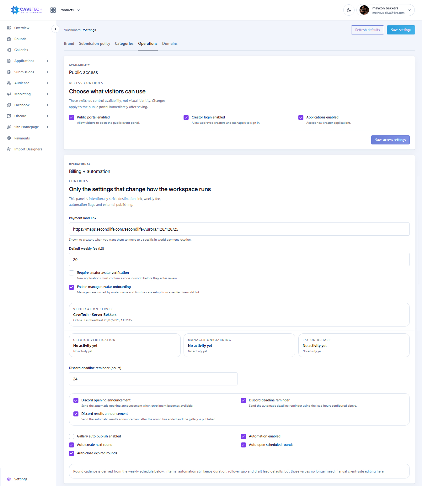 EventSale Operations settings