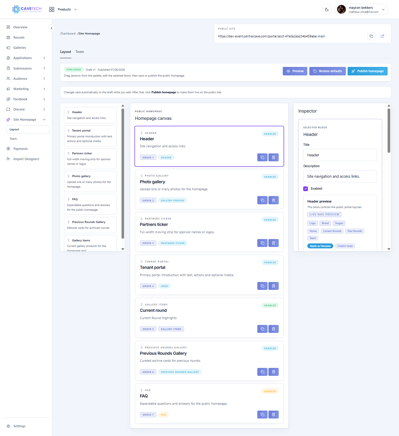 EventSale public homepage layout builder