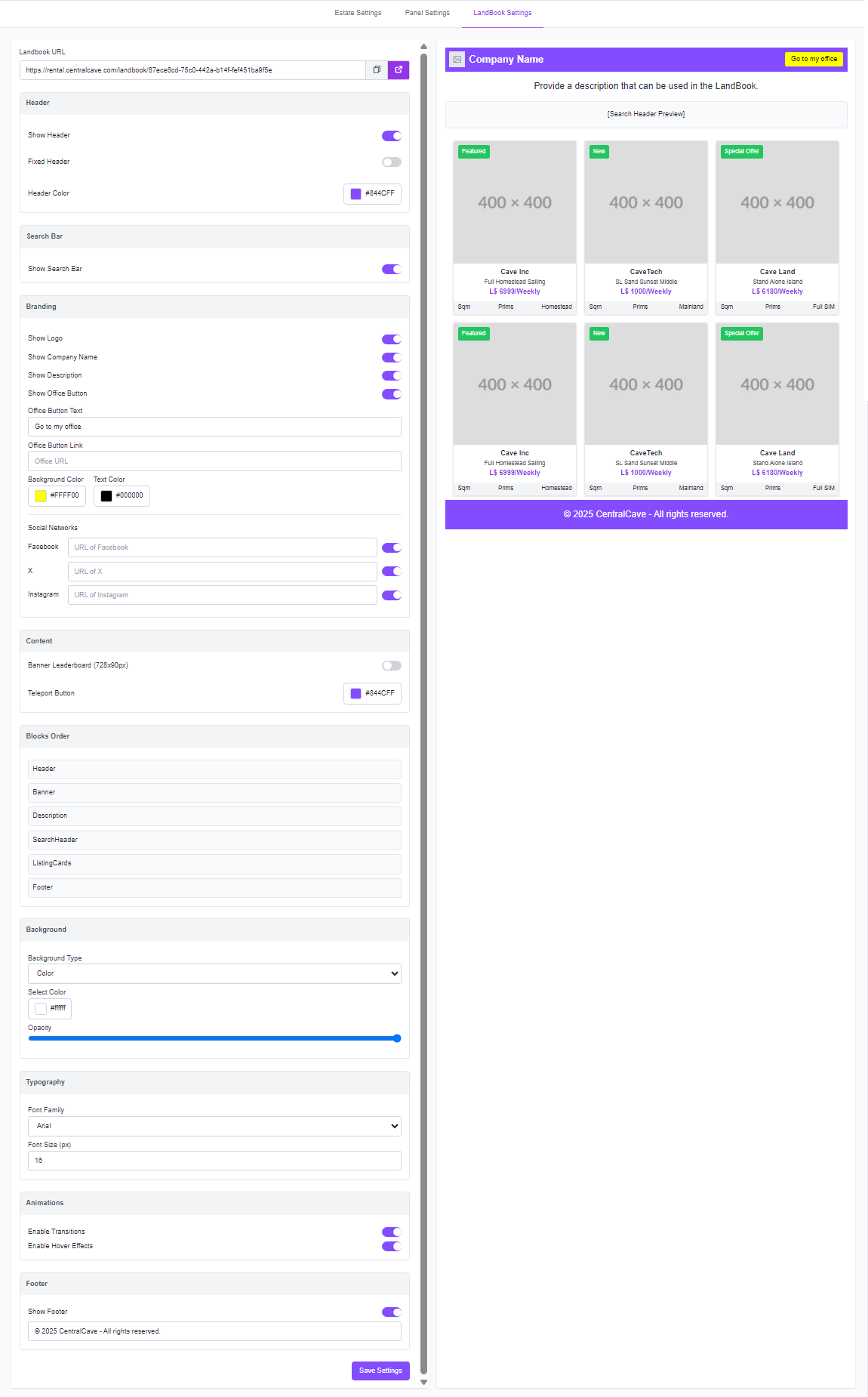 LandBook Settings Tab