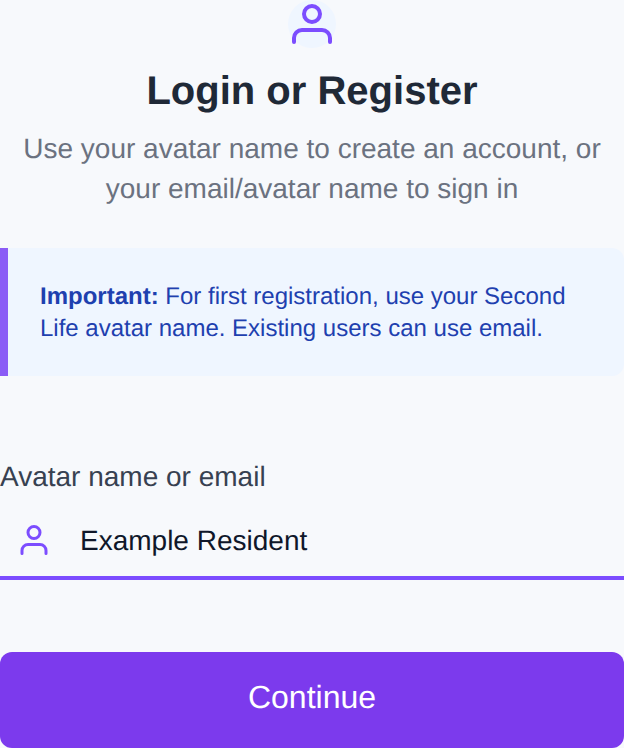 CaveTech login form showing Avatar name or email and Continue