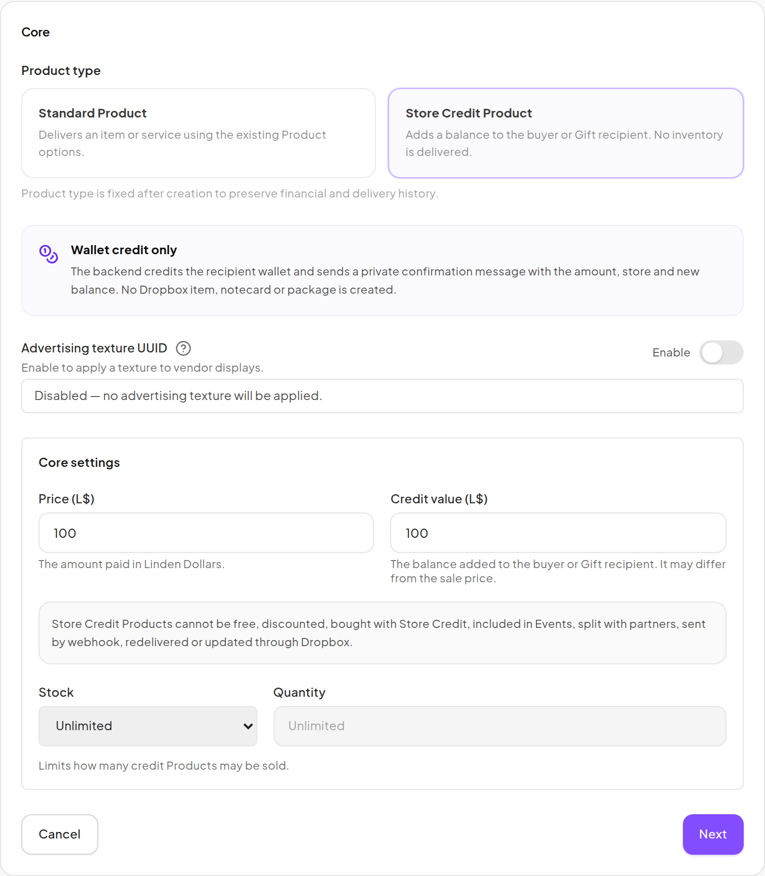 Store Credit Product core settings with L$ sale price and credit value