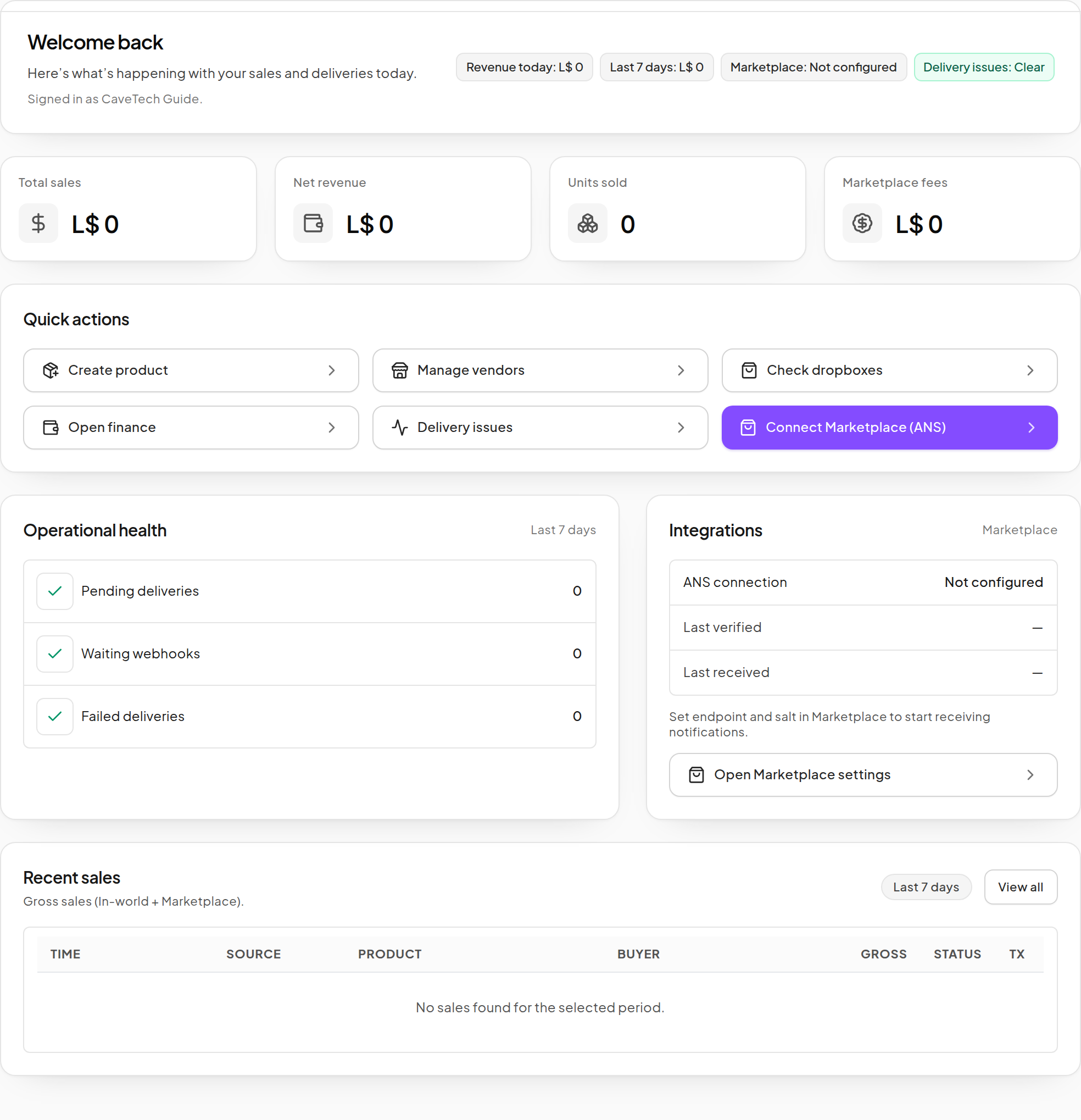 Vendor dashboard with sales summaries, quick actions and operational health
