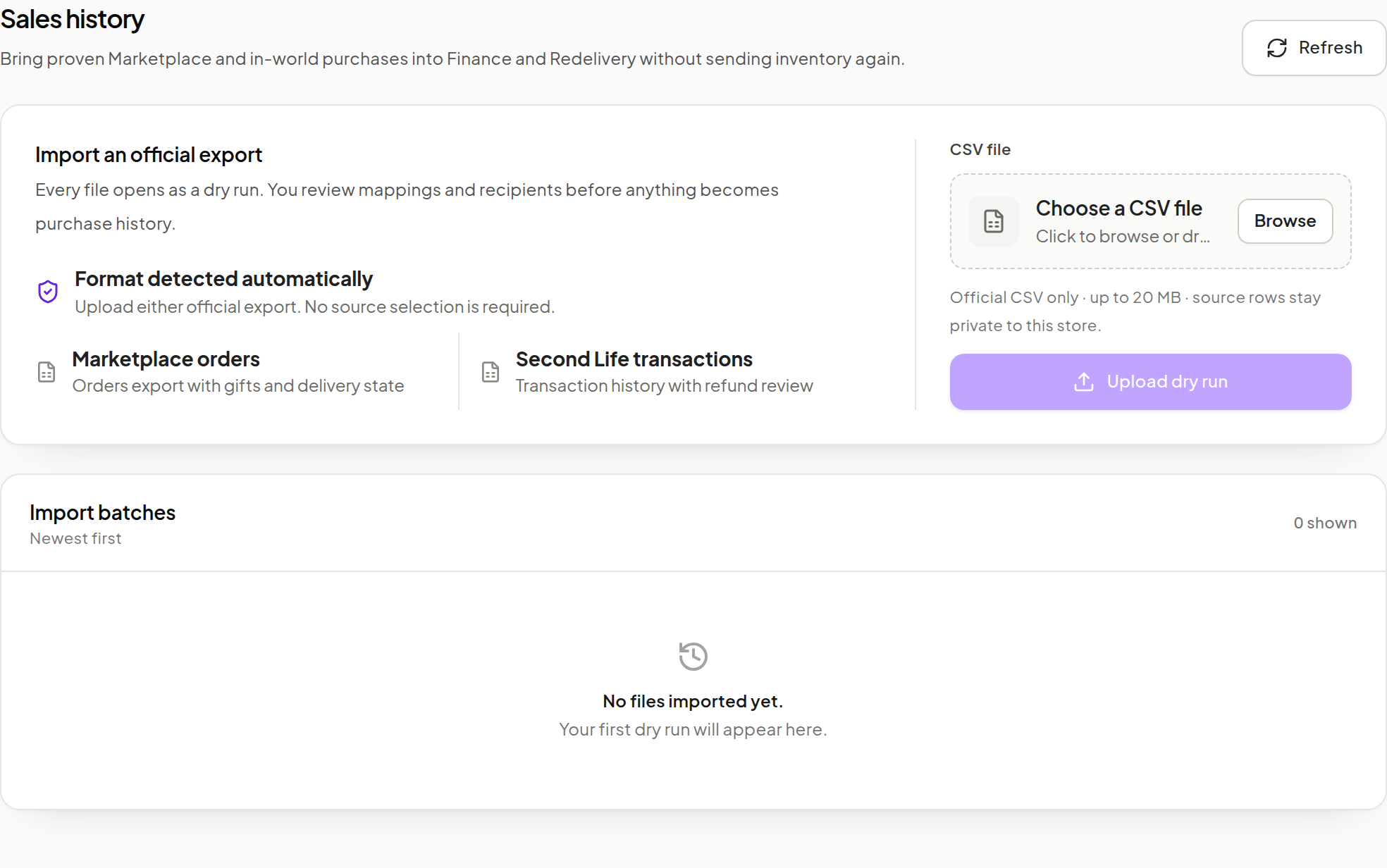 Sales history upload area accepting official Marketplace orders or Second Life transaction CSV files