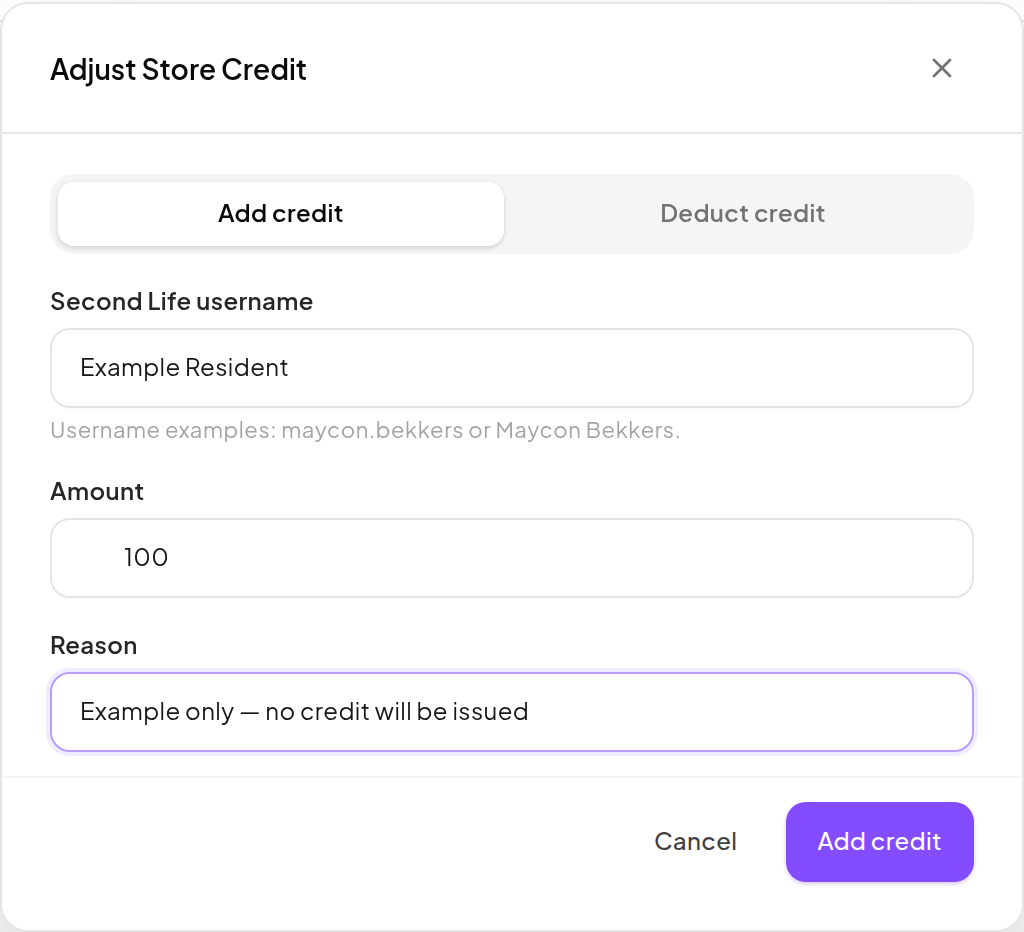 Manual credit adjustment form with avatar, amount, reason and final action